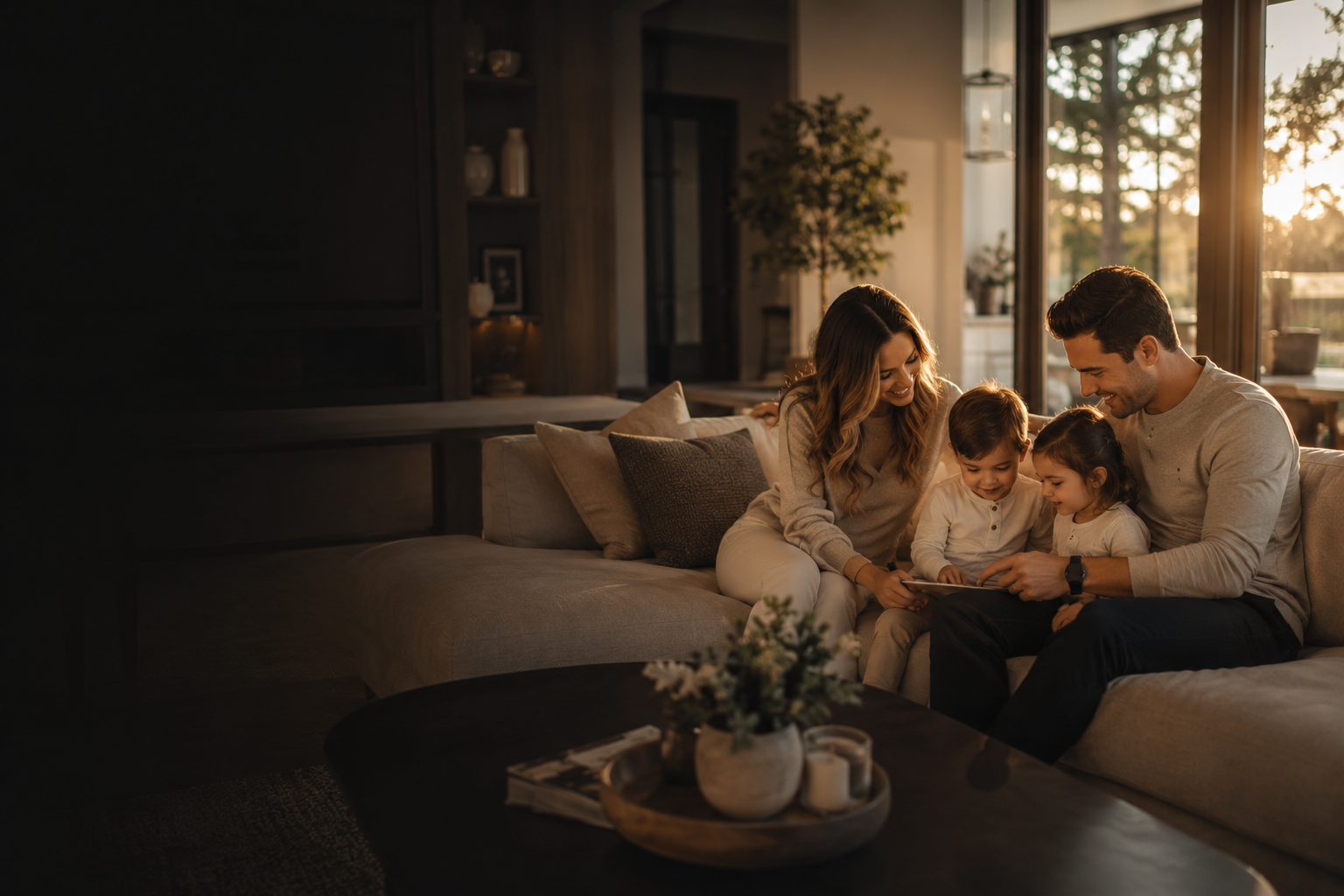 A family seated together on a couch in a softly lit living room